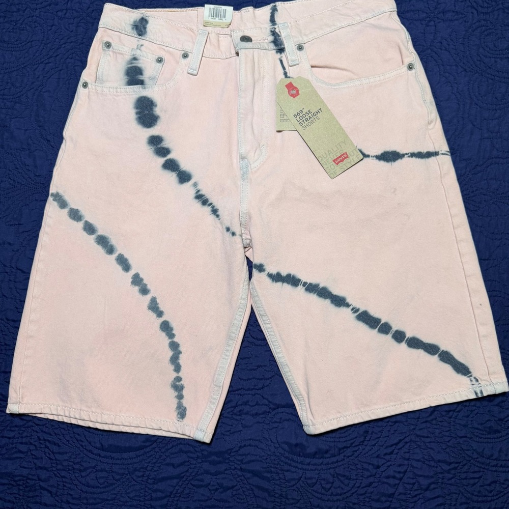 Levis 569 Loose Straight Shorts Mens 31 Pink Black Tie Dye Denim Stretch New